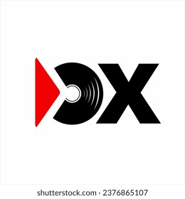 Simple abstract letter D, C, O, X logo design with music disc and play symbols.