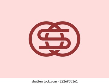 Letra S simple y abstracta en una plantilla de diseño de logotipo en dos círculos sobre fondo rojo.