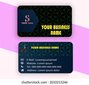 Simple abstract line geometric business card with green and black color design, professional name card template vector