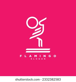 Diseño simple del logotipo de flamingo lineal abstracto aislado en fondo rosa
