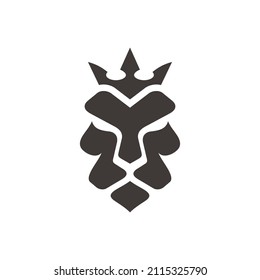 Simple abstract lion face and crown logo design vector icon, front view, geometric