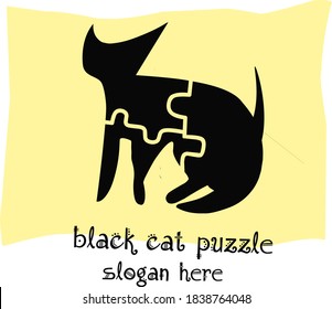 Simple abstract logo about a black cat which consists of 3 stacked puzzle shapes. based on a yellow background.