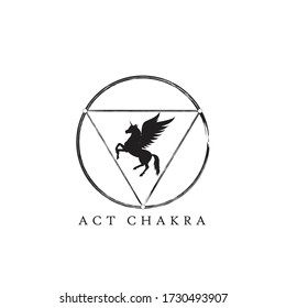 simple abstract logo design of of chakra symbol with unicorn inside.