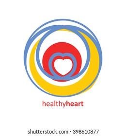 Simple abstract logo with heart for cardio medical center, conference or World Health Day. Vector graphic logotype template. CMYK colors