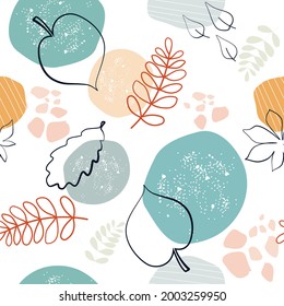 Simple abstract minimalistic pattern of linear autumn leaves on a background of simple shapes on a white background.