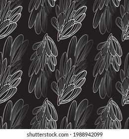 Simple abstract monochrome ornament, black background and floral elements. For textiles and paper.