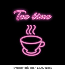 A simple abstract neon bright glowing glowing pink, purple icon, a signboard of hot delicious tea mugs and the inscription tea time and copy space on a white background. Vector illustration.