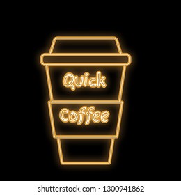 A simple abstract neon bright glowing yellow icon flashing, a signboard of hot delicious coffee in a thermocup, paper cup, quick coffee and copy space on a white background. Vector illustration.