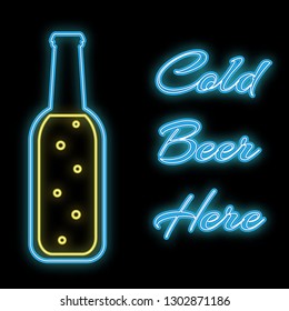 A simple abstract neon bright glowing blue flashing icon, a signboard for a bar from a beer bottle with the inscription cold beer here and copy space on a black background. Vector illustration.