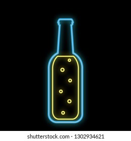 A simple abstract neon bright glowing glowing blue icon, a signboard for a bar from a half-liter beer bottle with craft beer with bubbles and copy space on a black background. Vector illustration.