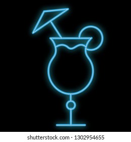 A simple abstract neon bright glowing glowing blue icon, a signboard for a bar from an alcoholic cocktail in a glass with an umbrella and copy space on a black background. Vector illustration.