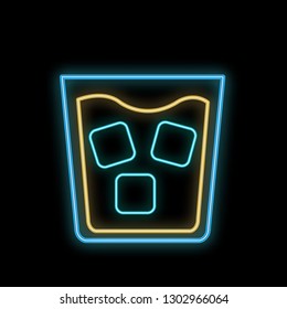 A simple abstract neon bright glowing glowing blue icon, a signboard for a bar of whiskey with ice in a glass and copy space on a black background. Vector.