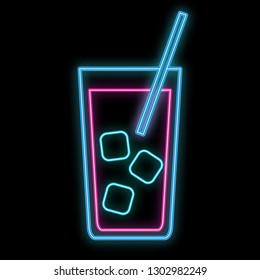 A simple abstract neon bright glowing glowing blue violet icon, a sign for the bar of a cocktail with ice in a tall glass with a straw and copy space on a black background. Vector.