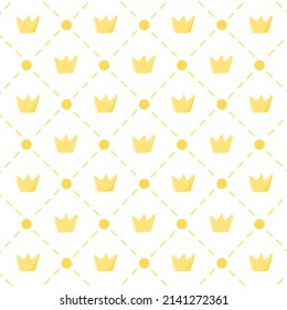 Simple abstract nursery seamless pattern template. Flat yellow crown wallpaper isolated on white background. Baby fabric print design.