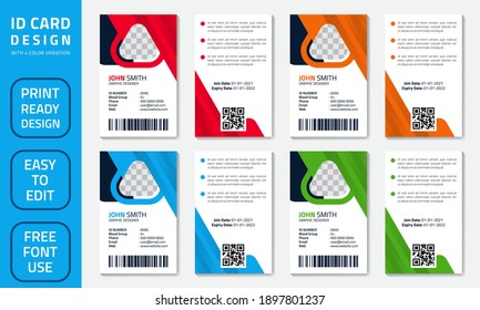 Plantilla de diseño de tarjeta de identificación de oficina abstracta simple. Tarjeta vectorial de identidad empresarial creativa para empleados con cuatro variaciones de color.