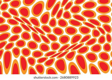 Simple abstracto color rojo anaranjado grande a Pequeño círculo de lunares ondulado patrón de distorsión ilusión óptica con elipses rojas y naranjas