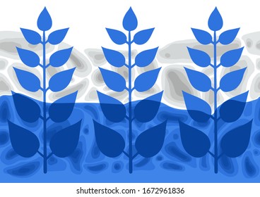Simple abstract pattern of blue colored styized ethnic branches with leaves over the soft formless structures. Repeated seamless border inspired by Stockholm metro stations
