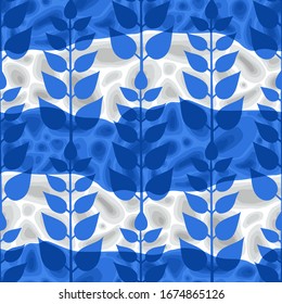 Simple abstract pattern of blue colored styized ethnic branches with leaves over the soft formless structures. Repeated seamless design inspired by Stockholm metro stations
