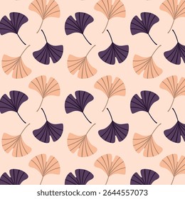 A simple abstract pattern with bright pink and purple leaves resembling hearts. The leaves are arranged in rows on a pink background. Hand-drawn botanical leaves in a vector.