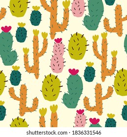 Simple abstract pattern. Cute colored cacti. Pale yellow background. Vector texture. Bright fashionable print for Wallpaper.