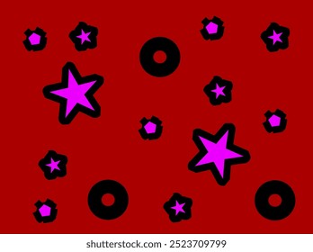  simple, abstract pattern. It features a red background with scattered shapes of stars and rings . background geometric simple 
