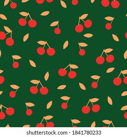 Simple abstract pattern. Red cherry berries. Green background. Vector texture. Elegant bright print for Wallpaper.