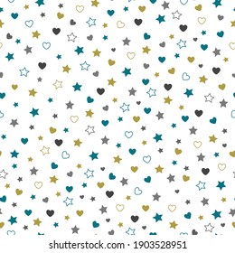 Simple abstract pattern. small gray, mustard, and blue stars and hearts. White background. Vector texture. Fashionable print for packaging, textiles and wallpaper.