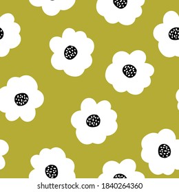 Simple abstract pattern. White flower. Mustard background. Vector texture. Fashionable print for Wallpaper and textiles.