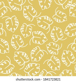 Simple abstract pattern. White outline of monstera leaves. Yellow background. Vector texture. Fashionable elegant print for Wallpaper.