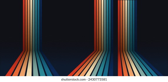 Simple abstract perspective 1970s rainbow line background design. Futuristic retro style concept with colorful vertical lines. Vector illustration