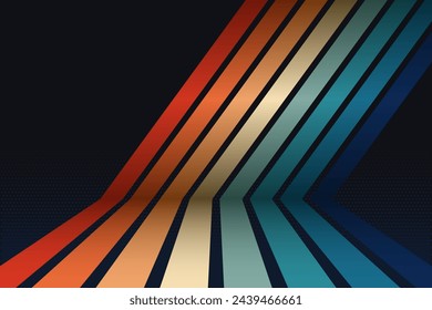 Simple abstract perspective 1970s rainbow line background design. Futuristic retro style concept with colorful vertical lines. Vector illustration