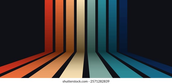 Simple abstract perspective 1970s rainbow line background design. Futuristic retro style concept with colorful vertical lines. Vector illustration
