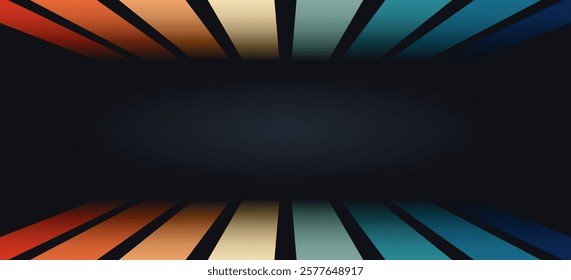 Simple abstract perspective 1970s rainbow line background design. Futuristic retro style concept with colorful vertical lines. Vector illustration
