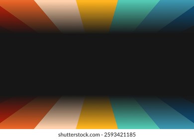 Simple abstract perspective 1970s rainbow multicolors line the scene background. Futuristic retro-style perspective room, or stage concept with colorful vertical lines. Vector illustration