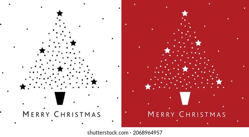 Simple abstract placement print design merry christmas tree, black on white, white on red,  for christmas card, print, decoration, scrapbooking, invitation, stencil, sticker, wallpaper, gift wrapping