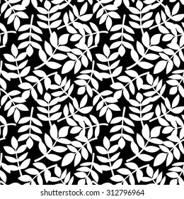Simple abstract plant leaves randomly arranged on background, black and white  vector seamless pattern