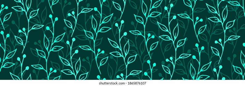 Simple abstract plant vector sdeamless pattern. Mistletoe Christmass ornament for wrappint paper. Holly berry plant teal green seamless floral pattern design.