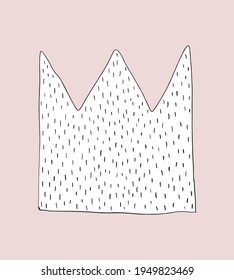 Simple Abstract Print with Big Freehand Crown. Cute Nursery Vector Art ideal for Card, Wall Art, Baby Boy Room Decoration. Black-White Hand Drawn Crown Isolated on a Pastel Pink Background.