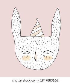 Simple Abstract Print with Funny Bunny. Cute Nursery Vector Art ideal for Card, Wall Art, Baby Girl Room Decoration. White Hand Drawn Rabbit in a Paper Hat Isolated on a Pastel Pink Background.