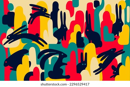 Simple abstract psychedelic rabbits in a bright multi-colored magical forest. Contrasting trippy vector illustration. Seamless right and left pattern.