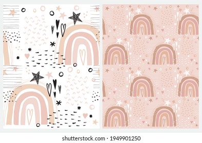 Simple Abstract Rainbows Print. Freehand Baby Shower Vector Patterns ideal for Fabric,Textile. Hand Drawn Irregular Rainbows, Heart and Stars Isolated on a Pastel Pink and White Background. Magic Sky.