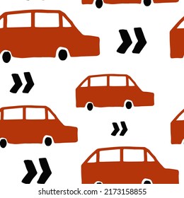 Simple abstract red car hand drawn kids pattern. Cute doodle seamless vector illustration with arrows and automobiles. Trendy boy textile, toy package, logistic background