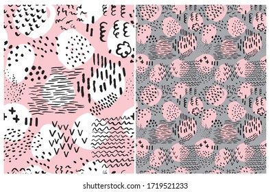 Simple Abstract Scribbl Seamless Vector Patterns. Irregular Brush Stripes, Lines, Dots on a Gray and Pink Background. Geometric Backdrop. Funny Freehand Doodle Repeatable Print.Messy Scribbles Layout.