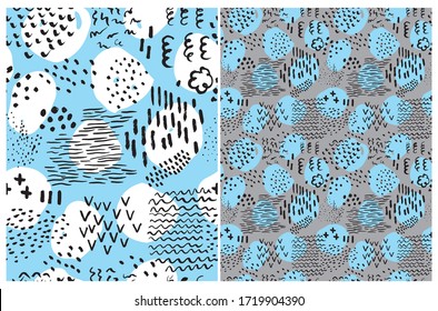 Simple Abstract Scribbl Seamless Vector Patterns. Irregular Brush Stripes, Lines, Dots on a Gray and Blue Background. Geometric Backdrop. Funny Freehand Doodle Repeatable Print.Messy Scribbles Layout.