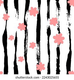 Simple abstract seamless brush pattern with pink sakura flowers on dry brush steams