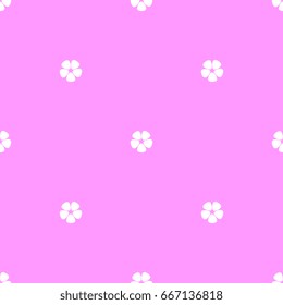 Simple abstract seamless floral pattern. Stylized five petal flowers, polka dot. White on pink background. Optimistic fresh colors.