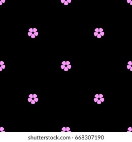 Simple abstract seamless floral pattern. Stylized five petal flowers, polka dot. Pink on black background.