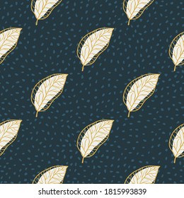 Simple abstract seamless leaf pattern. Stylized botanic print with navy blue dotted background and white yellow contoured foliage. For wallpaper, textile, wrapping, fabric print. Vector illustration