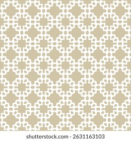 Simple abstract seamless ornament. Golden geometric pattern with dots, spots, curved shapes, grid. Gold and white background texture. Repeating all-over geo design for decor, textile, wallpaper, print