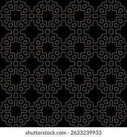Simple abstract seamless ornament. Golden geometric pattern with curved lines, smooth shapes, linear grid. Subtle black and gold background texture. Repeated dark geo design for decor, print, cover